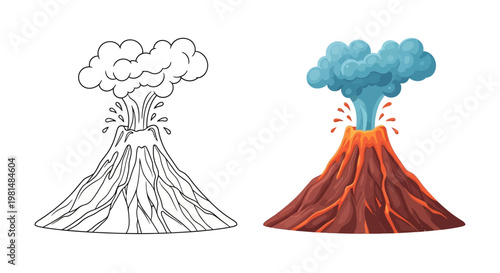 Volcano Eruption Illustration: Line Art and Colorful Version