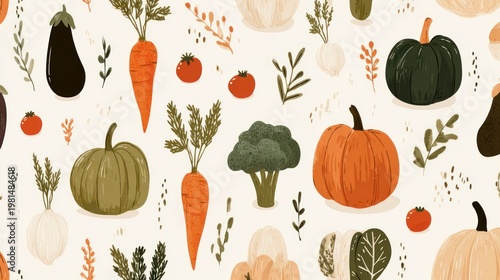 Various harvest vegetables are displayed across a light background in a repeating pattern design