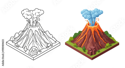 Volcano Eruption Isometric Illustration: Line Art and Full Color Comparison