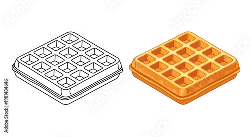 Waffle Icon and Realistic Waffle, Isolated on White Background, Food Illustration