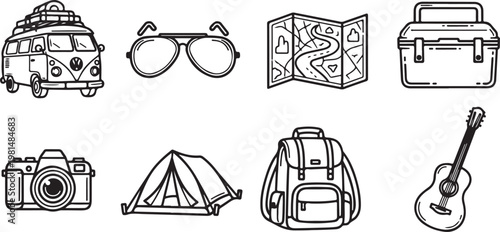 Various modes of transportation illustrated in black and white line drawings Vector