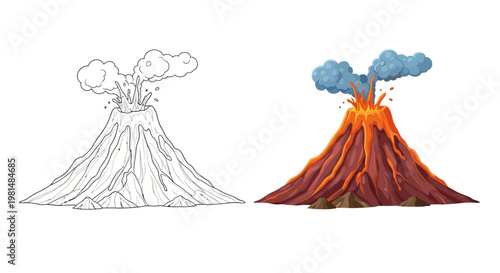Volcano Eruption: Line Art and Colorful Illustration Comparison
