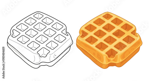 Waffle outline and colored illustration, isometric view, breakfast food icon
