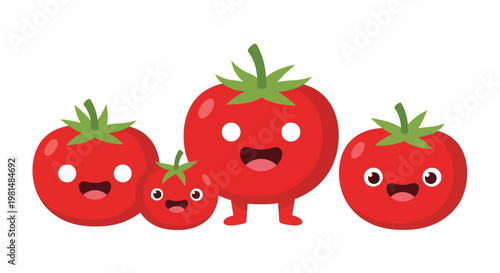 Happy Family of Cute Cartoon Tomatoes with Faces and Legs, Healthy Food Concept