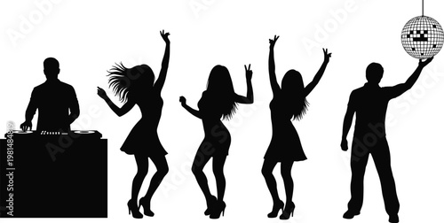 Nightclub party silhouettes with DJ playing music and people dancing under disco ball, nightlife entertainment vector illustration isolated on white background