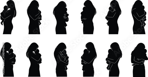 Mother holding baby silhouettes collection showing maternal love, parenting care, motherhood bonding moments with newborn child vector illustration isolated on white background