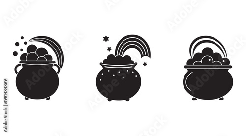 Black cauldron icons with rainbow and bubbles  magic pot symbols  witchcraft and fantasy elements    potions and spells  mythical and legendary creatures