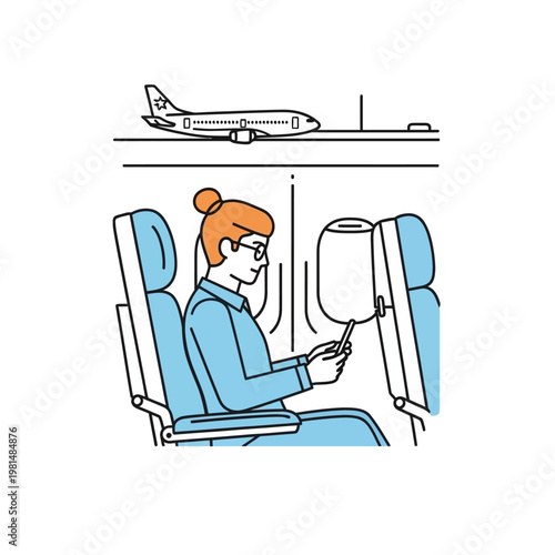 Woman using smartphone on airplane, airplane flying overhead