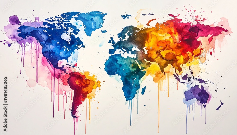Fototapeta premium Vibrant Watercolor World Map Illustration Art.