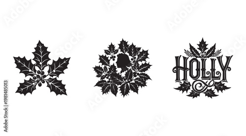 Black holly leaf designs with berries and text on white background  Christmas symbols and icons  decorative elements