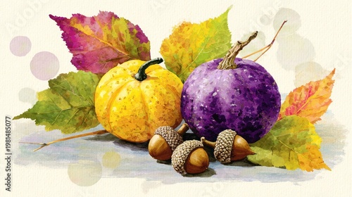 Watercolor illustration depicts colorful gourds surrounded by autumnal foliage and fallen nuts.