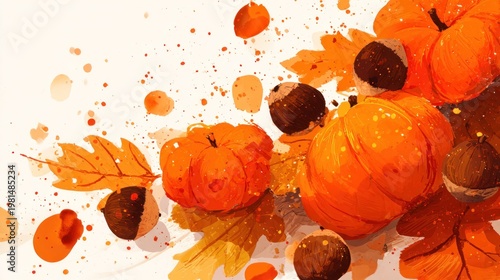 Vibrant orange pumpkins and brown nuts rest among colorful autumn leaves in a stylized background design.