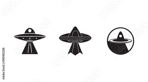 Black silhouette UFO spaceship icons isolated on white background for design and technology concepts related to astronomy and science fiction themes  futuristic symbols