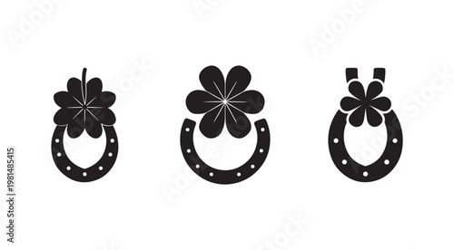 Black silhouettes of horseshoes with clover leaves on top  symbol of good luck and fortune  four leaf clover  horseshoe icons