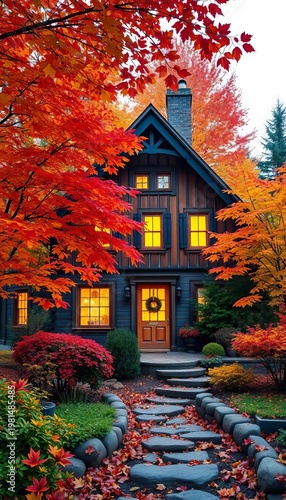 Cozy autumn cottage nestled amidst vibrant fall foliage, warm light glows from windows,  fall,  charming