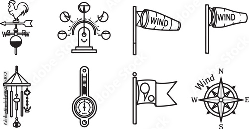 Various traditional wind measurement instruments and a compass rose Vector