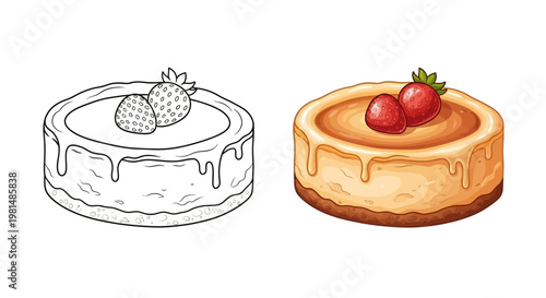 Delicious Cheesecake with Strawberries - Line Art and Full Color Comparison