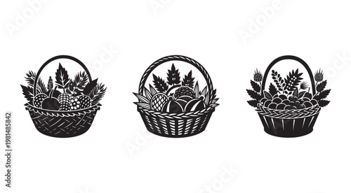 Blackandwhite illustration of three baskets filled with fruits and leaves  isolated on white background