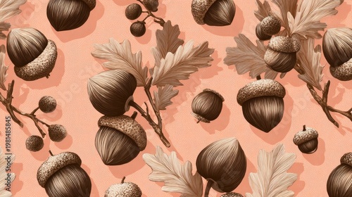 Repeating pattern features richly detailed oak tree nuts and foliage against a soft background