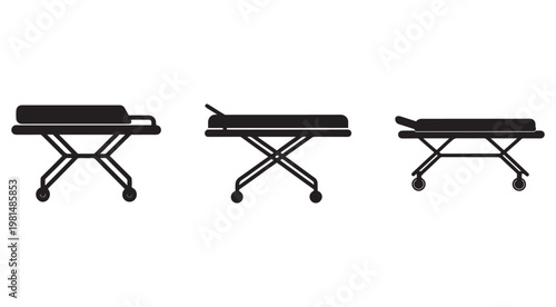 Blackandwhite illustration of three hospital beds with wheels in different positions  medical equipment  healthcare furniture