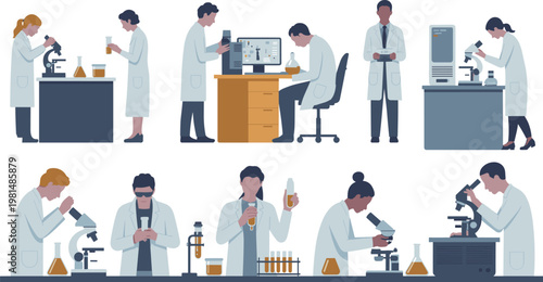 Scientists working in laboratory conducting chemistry experiments with microscope test tubes and research equipment medical science vector illustration set