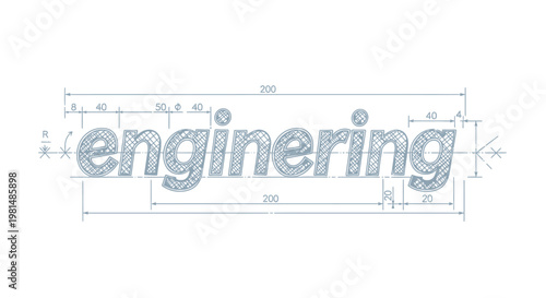 Professional engineering word typography displayed as a technical blueprint sketch featuring precise measurement lines and extension marks intended for industrial architecture drafts or mechanical con