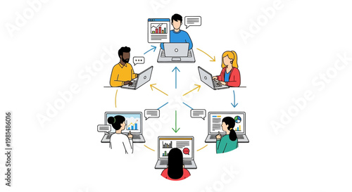 Business people communicating and sharing data on laptops in a circle