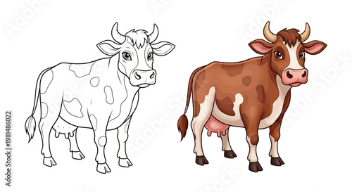 Cute Cow Coloring Page and Realistic Illustration Side by Side