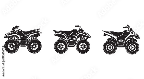 Blackandwhite illustrations of different quad bikes in various angles and positions  side views  for graphic design and illustration projects
