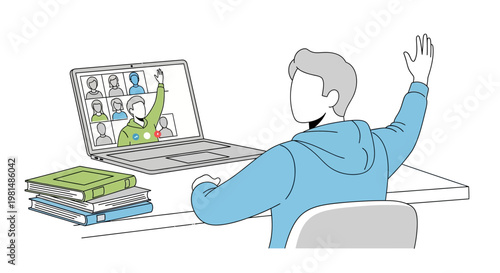 Man in blue hoodie participating in online class or meeting with laptop and books
