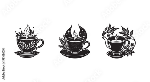 Blackandwhite illustrations of tea cups with leaves and steam on saucers  teatime  hotbeverage