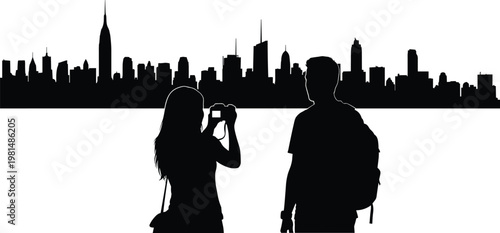 Tourists taking photos of city skyline silhouette, urban travel concept with couple exploring modern metropolis, black silhouette illustration isolated on white background