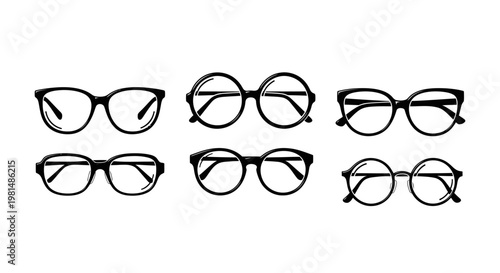 Collection of Vintage Eyeglasses, Retro Spectacles, Different Styles, Black Frames, Isolated on White