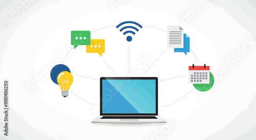 Laptop computer with wireless internet connection and various productivity icons