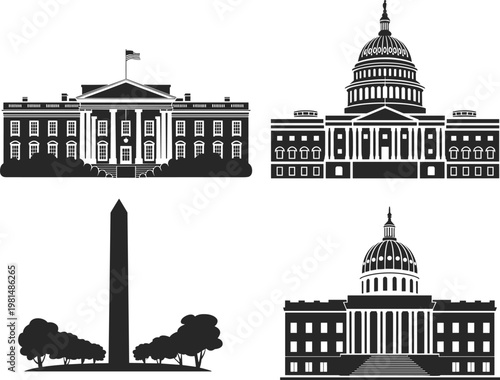 United States government building silhouettes including White House, US Capitol and Washington Monument, American political landmarks isolated on white background