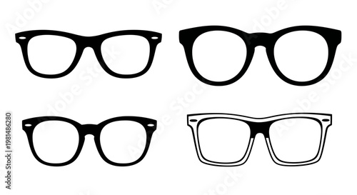 Four Pairs of Black Eyeglasses, Hipster Style, Isolated on White Background