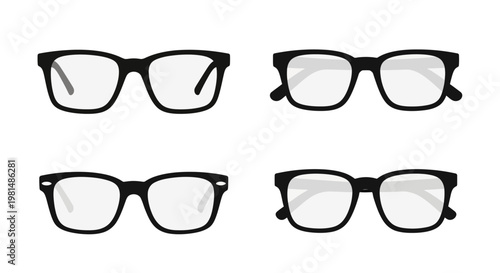 Four Pairs of Stylish Black Eyeglasses, Hipster and Fashionable Eyewear Collection