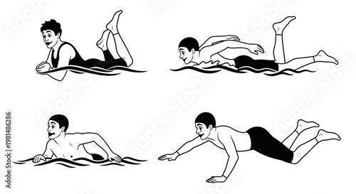 Four Swimming Strokes Demonstrated: Freestyle, Backstroke, Breaststroke, Butterfly