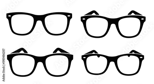 Four Pairs of Black Hipster Glasses Icons on White Background