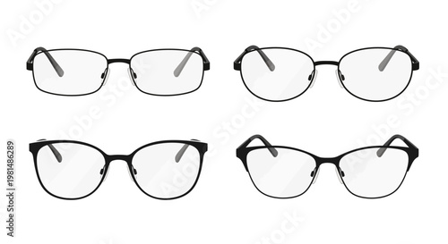 Four Pairs of Eyeglasses, Assorted Styles, Isolated on White Background