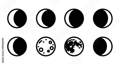 Moon Phases Cycle Icons Set: Crescent, Gibbous, Full, New Moon, Earth Satellite Orbit