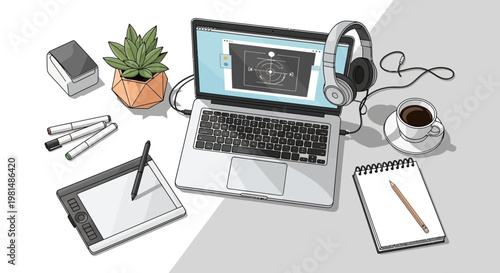 Graphic designer workspace with laptop and accessories