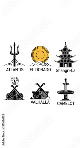 Mythical Places Icons: Atlantis, El Dorado, Shangri-La, Valhalla, Camelot, and a mysterious circle.