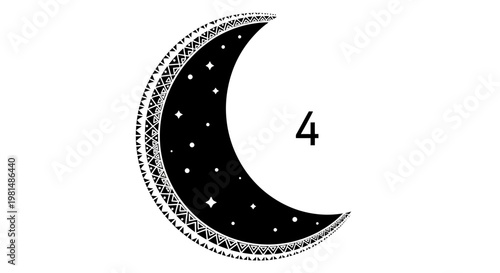 Mystical Crescent Moon with Stars and Decorative Border, Number 4