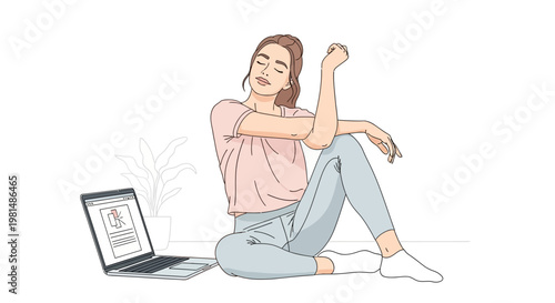 Woman stretching while sitting next to laptop computer at home