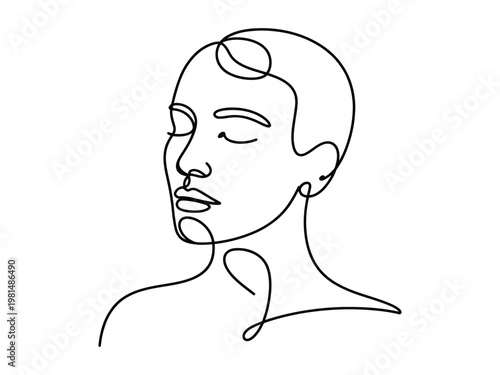 Minimalist line drawing of a womans face in profile with closed eyes and short hair  simple elegant illustration