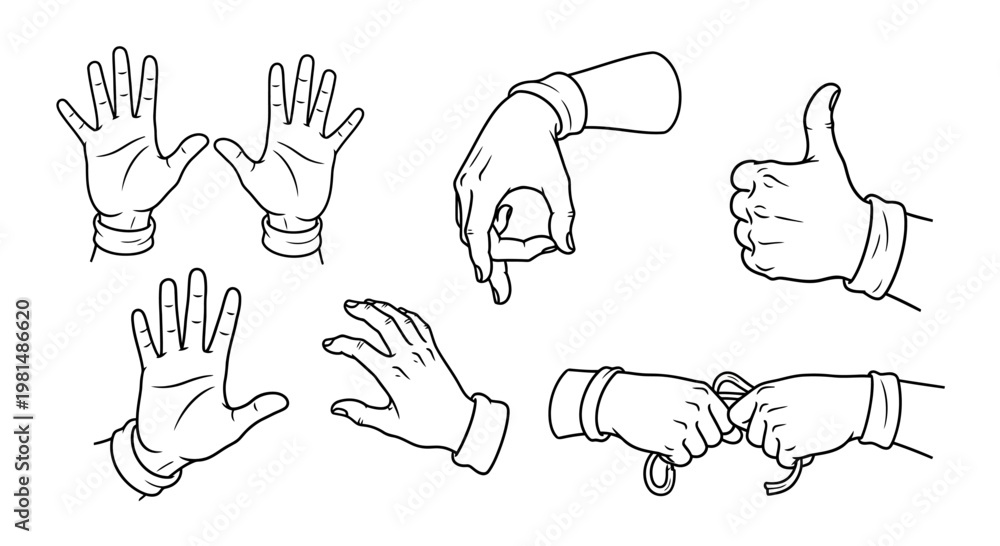 Fototapeta premium Set of diverse hand gestures and poses, line art illustration