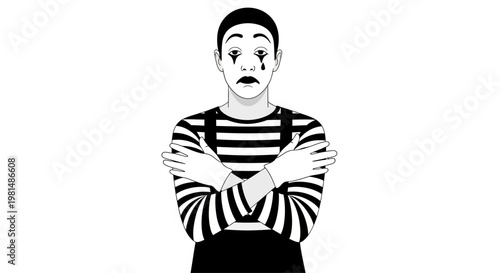 Sad Mime Performer with Arms Crossed, Black and White, Expressing Melancholy