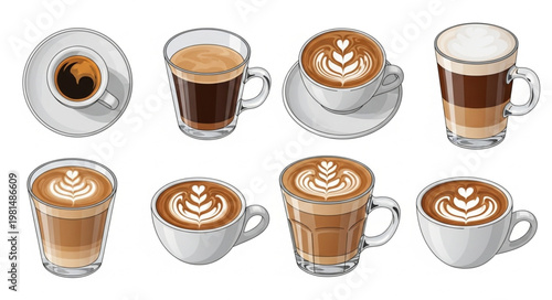 Collection of eight different coffee drinks in cups and glasses.