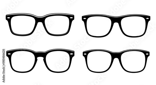 Set of Four Black Silhouette Eyeglasses, Hipster Style Frames